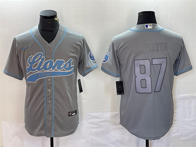 Men's Detroit Lions #87 Sam LaPorta Grey Cool Base Stitched Baseball Jersey
